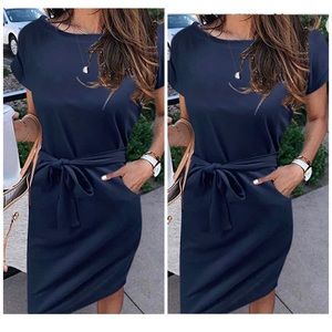 MEROKEETY Summer T Shirt Dress Casual Tie Waist Midi Dress